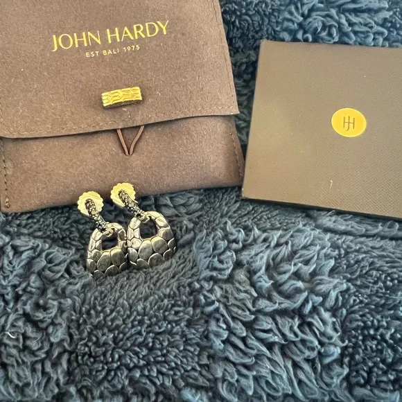 John Hardy Kali Silver Lava Door Knocker Hoop Drop Earrings with black sapphire